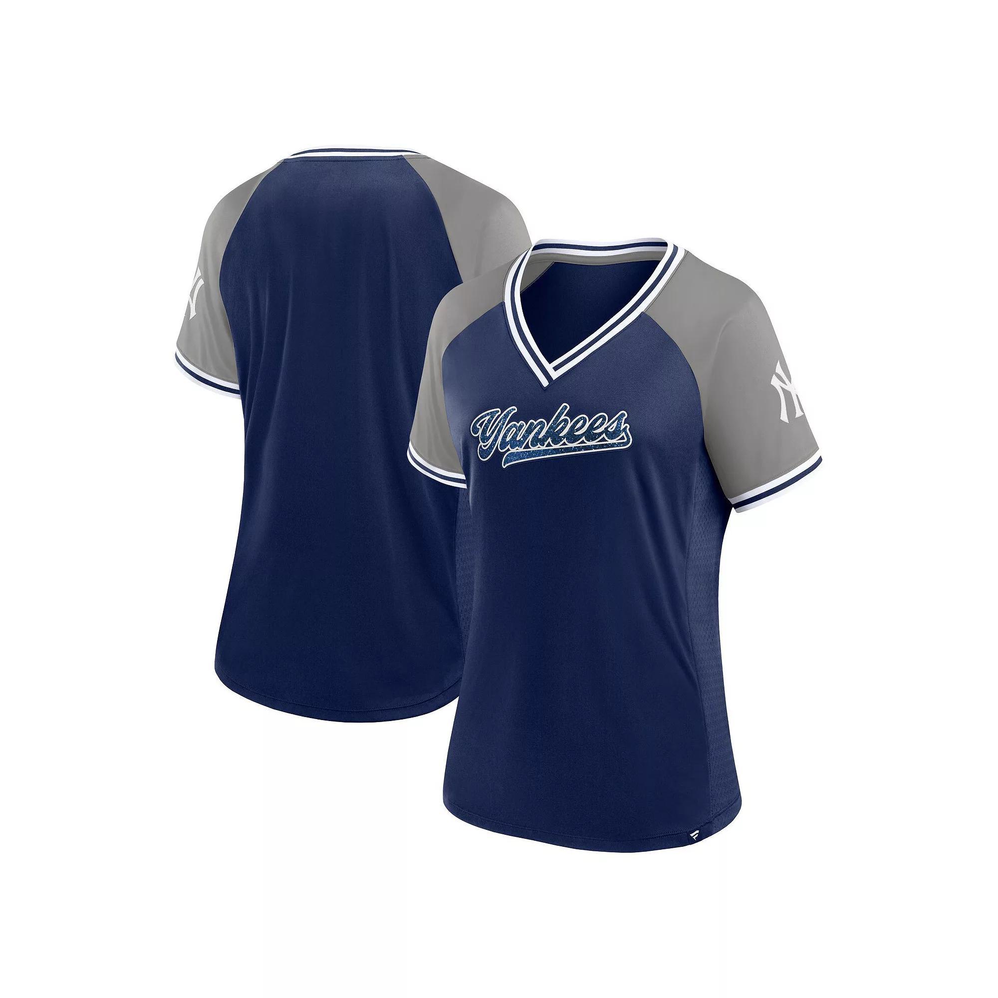 Women's Fanatics Navy New York Yankees Glitz & Glam League Diva Raglan V-Neck T-Shirt, Size: 3XL, Blue Product Image