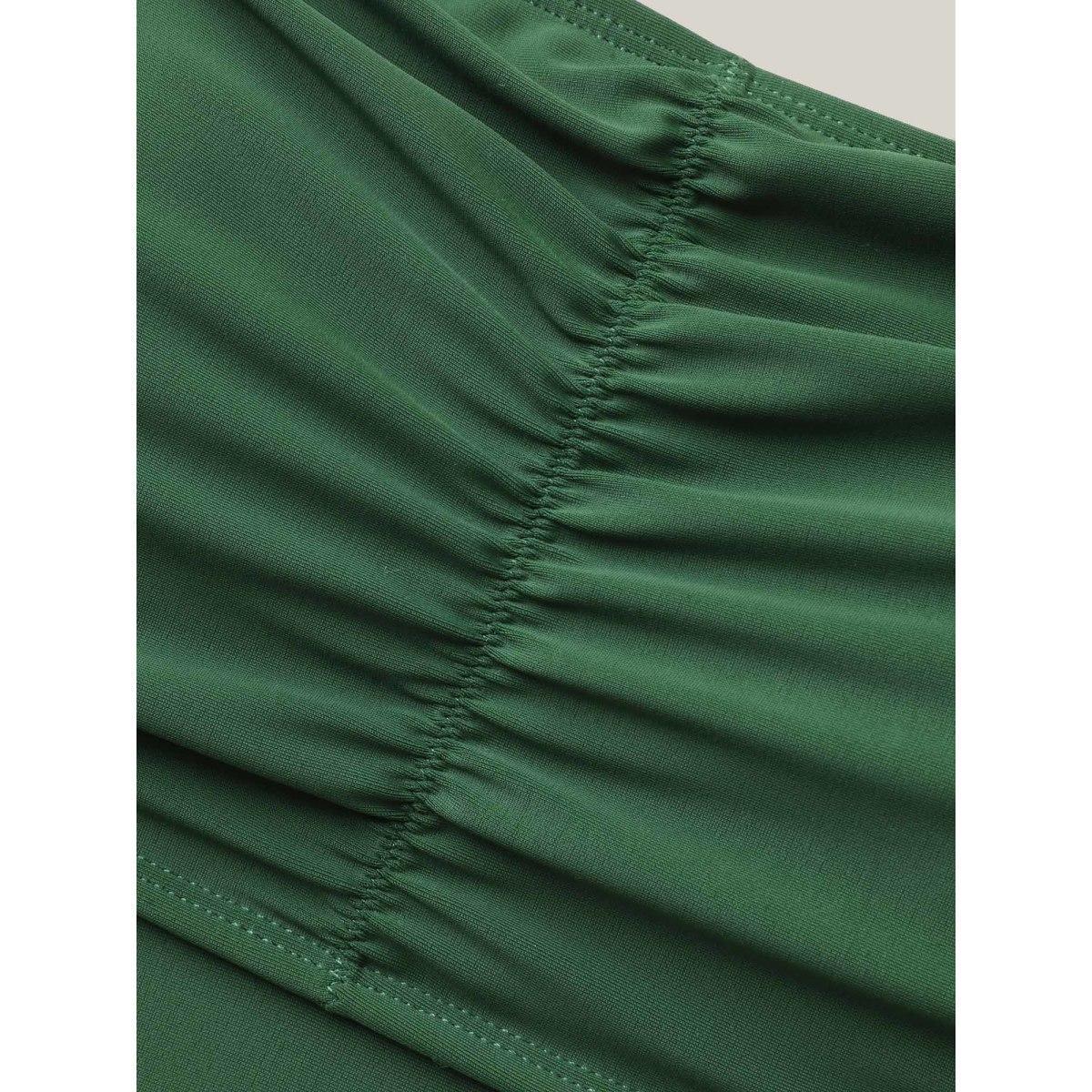 Plus Size Ruffled Straps Cinched Swim Dress Women's Swimwear ArmyGreen Beach Gathered High stretch Bodycon Heart neckline Curve Swim Tops BloomChic 10/M Product Image