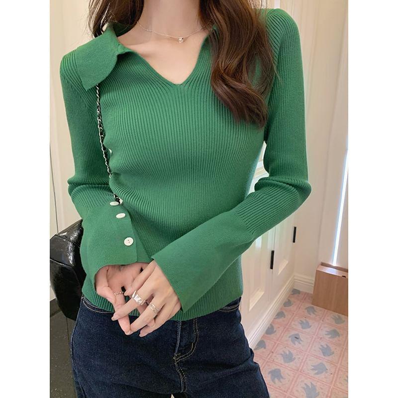 Long-Sleeve Collar V-Neck Plain Ribbed Knit Top Product Image