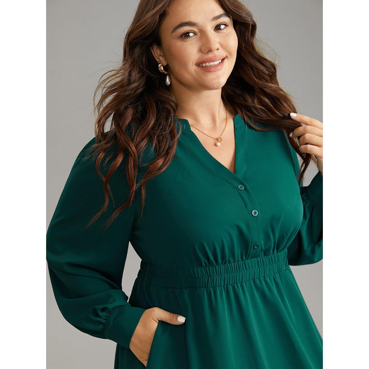 Plus Size Anti-Wrinkle Shirred Gathered Notched Dress Teal Women Office Plain Notched collar Long Sleeve Curvy Midi Dress BloomChic 10/M Product Image
