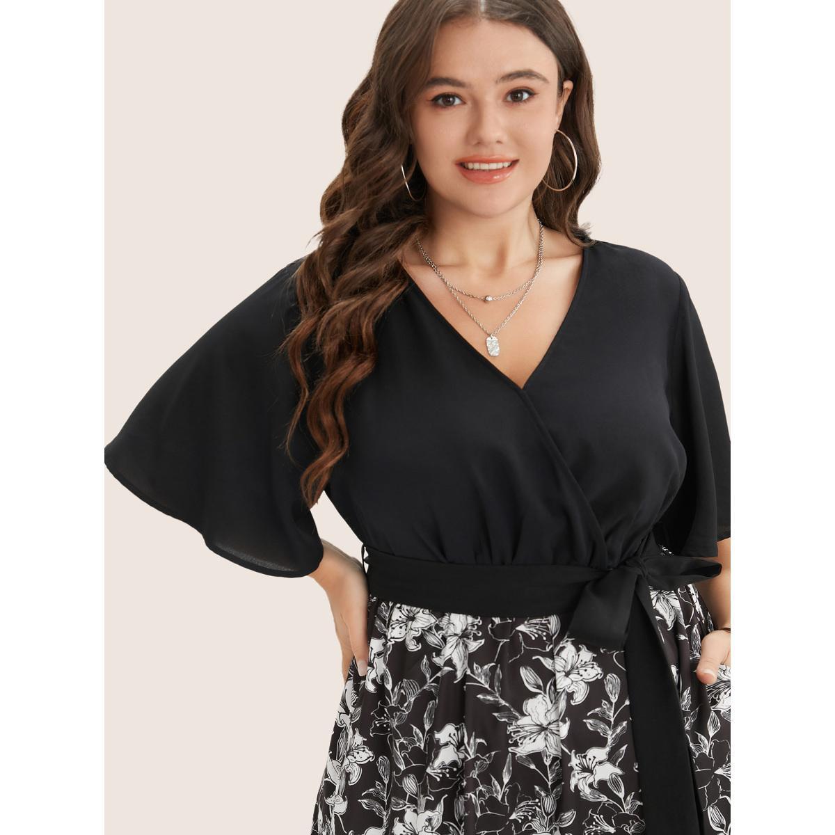 Plus Size Floral Patchwork Pocket Belt Surplice Neck Ruffle Hem Dress Black Women Elegant Patchwork V-neck Short sleeve Curvy Midi Dress BloomChic 22-24/3X Product Image