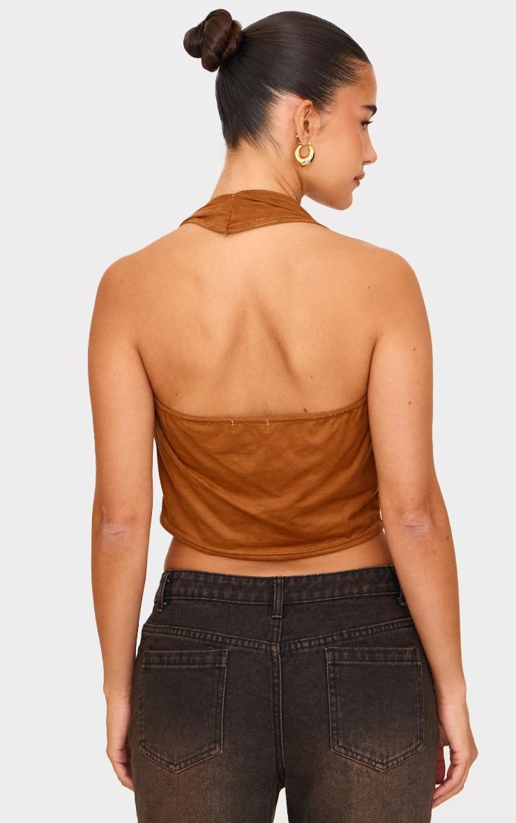 Tan Faux Suede Cowl Neck Knot Detail Long Top Product Image