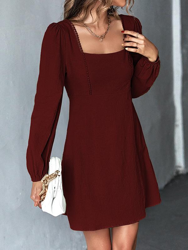 A-Line High Waisted Solid Color Split-Joint Square-Neck Mini Dresses Product Image