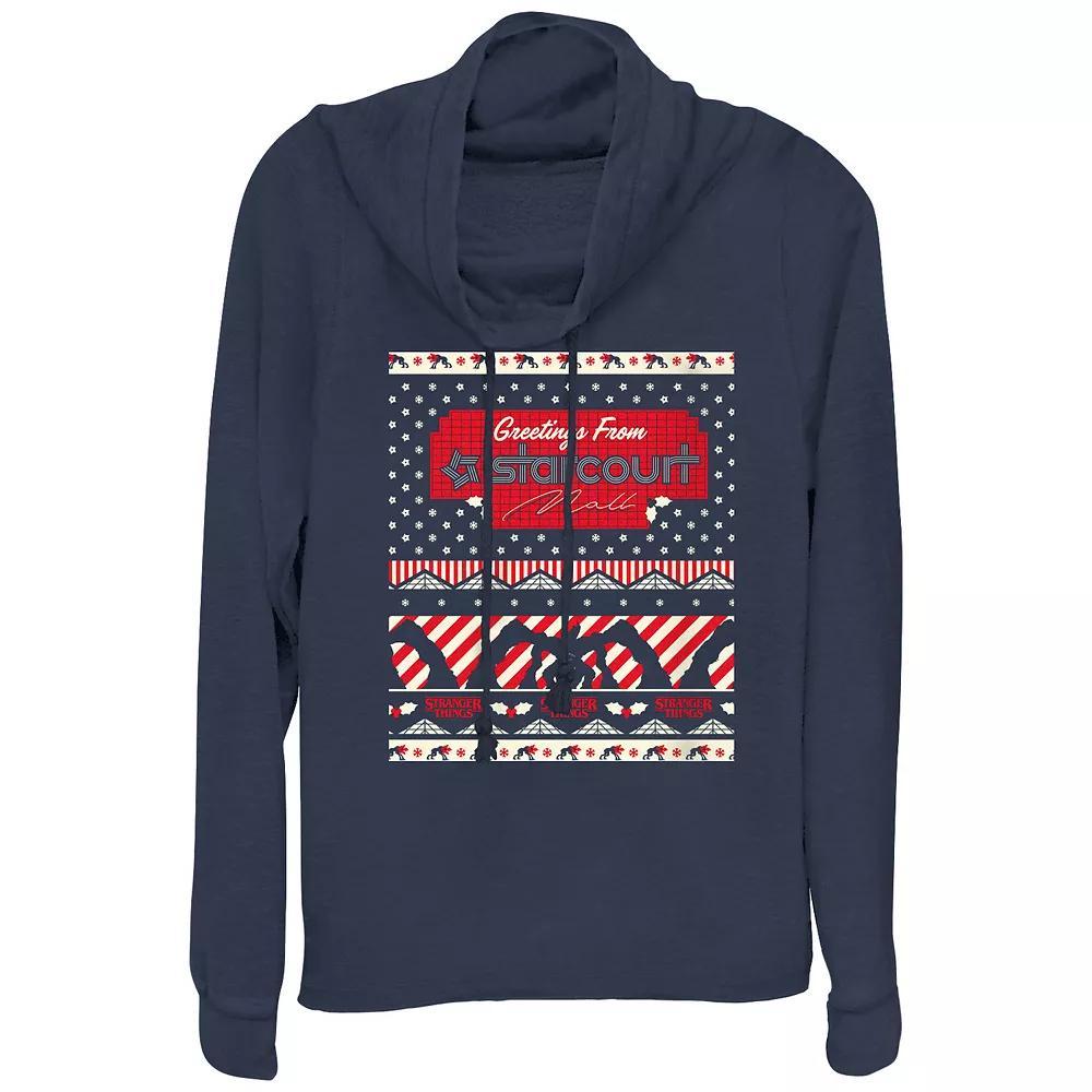 Women's Stranger Things Greetings From Starcourt Mall Cowlneck Graphic Lightweight Long Sleeve, Size: XS, Blue Product Image