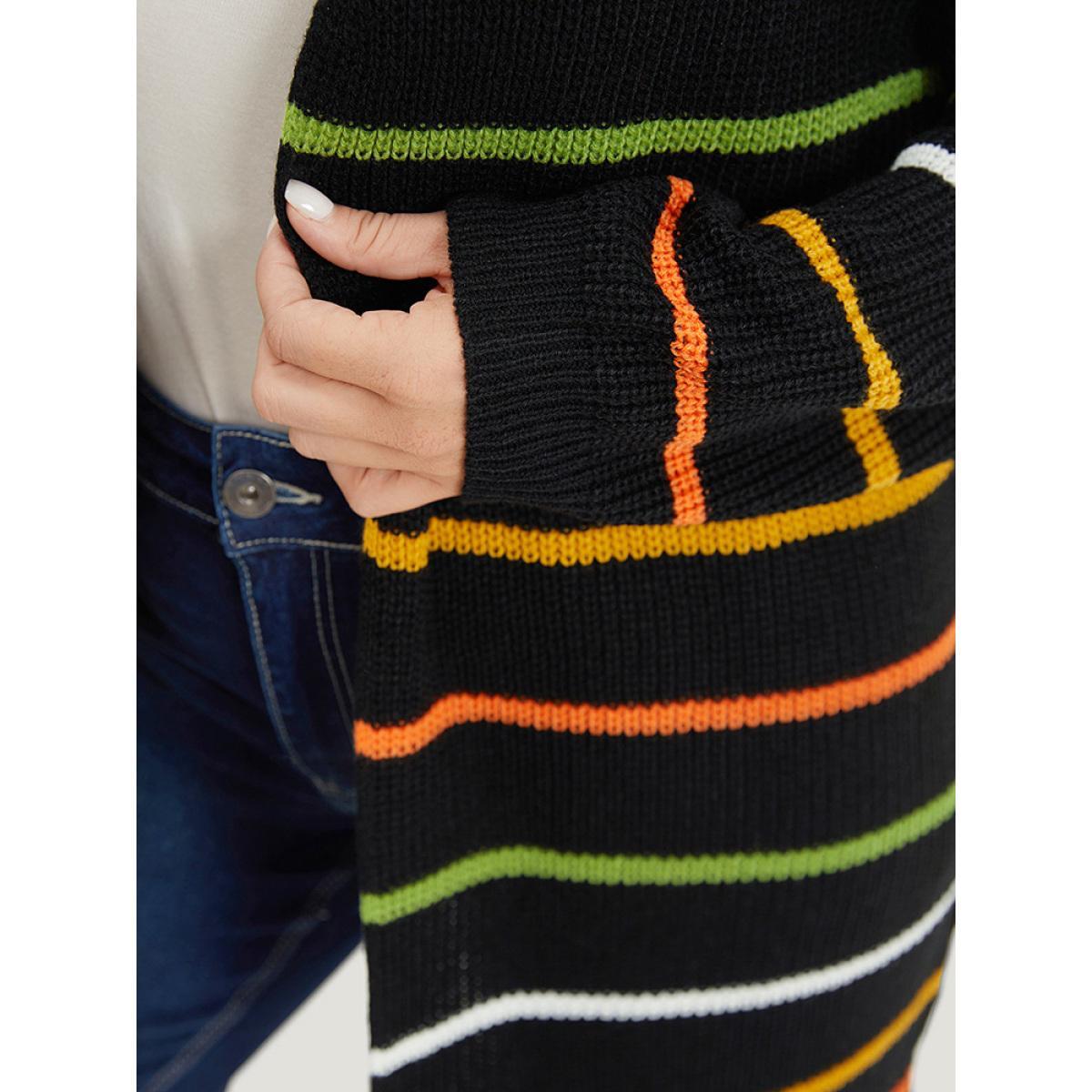 Plus Size Contrast Striped Open Front Loose Cardigan Black Women Casual Loose Long Sleeve Dailywear Cardigans BloomChic 22-24/3X Product Image