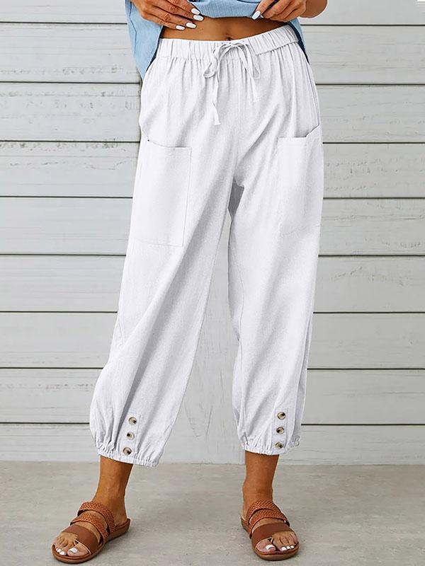 High Waisted Loose Buttoned Drawstring Elasticity Pockets Split-Joint Ninth Pants Trousers Product Image