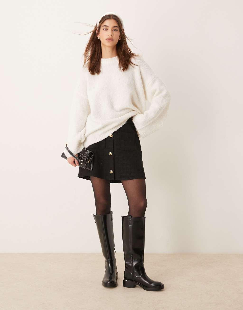 ASOS DESIGN button front boucle mini skirt in black Product Image