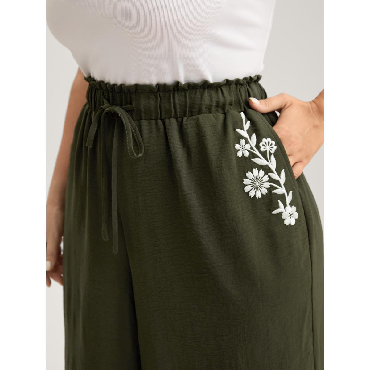 Plus Size Floral Embroidered Pockets Wide-Leg Pants Women ArmyGreen Casual Loose Mid Rise Everyday-Casual Pants BloomChic 10/M Product Image