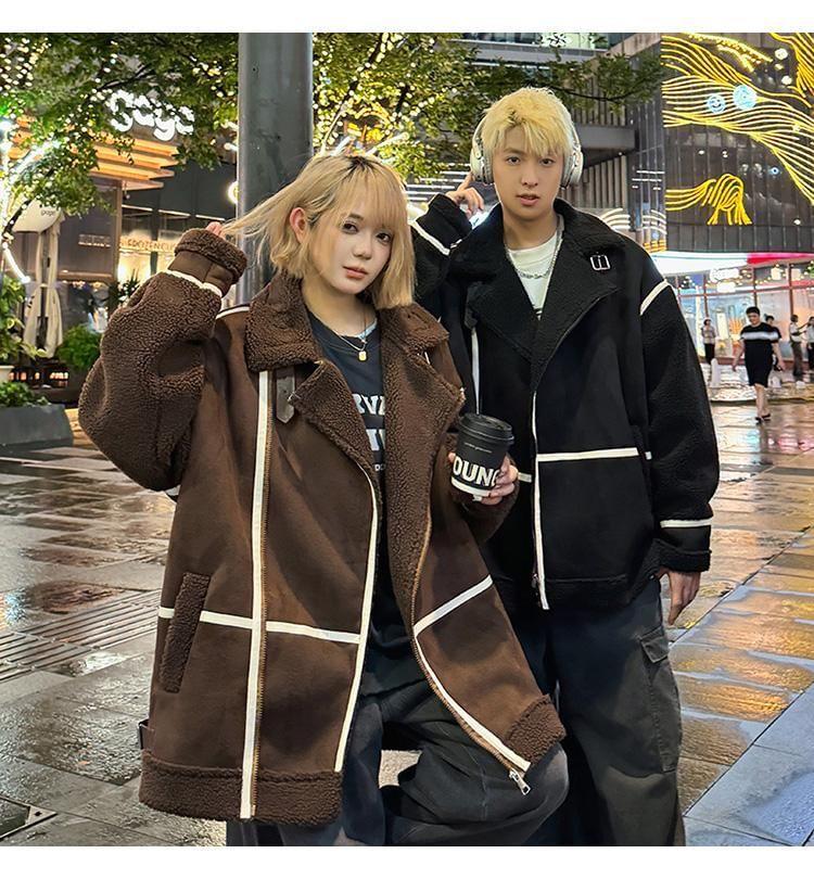 Couple Matching Collared Panel Faux Shearling Zip Jacket Product Image