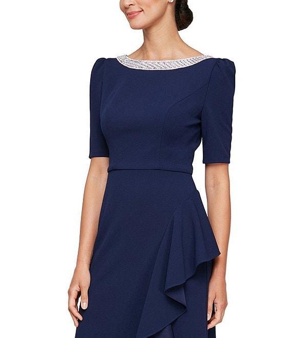 Alex Evenings Crepe Embellished Boat Neck 3/4 Sleeve Ruffle Cascade A-Line Gown Product Image