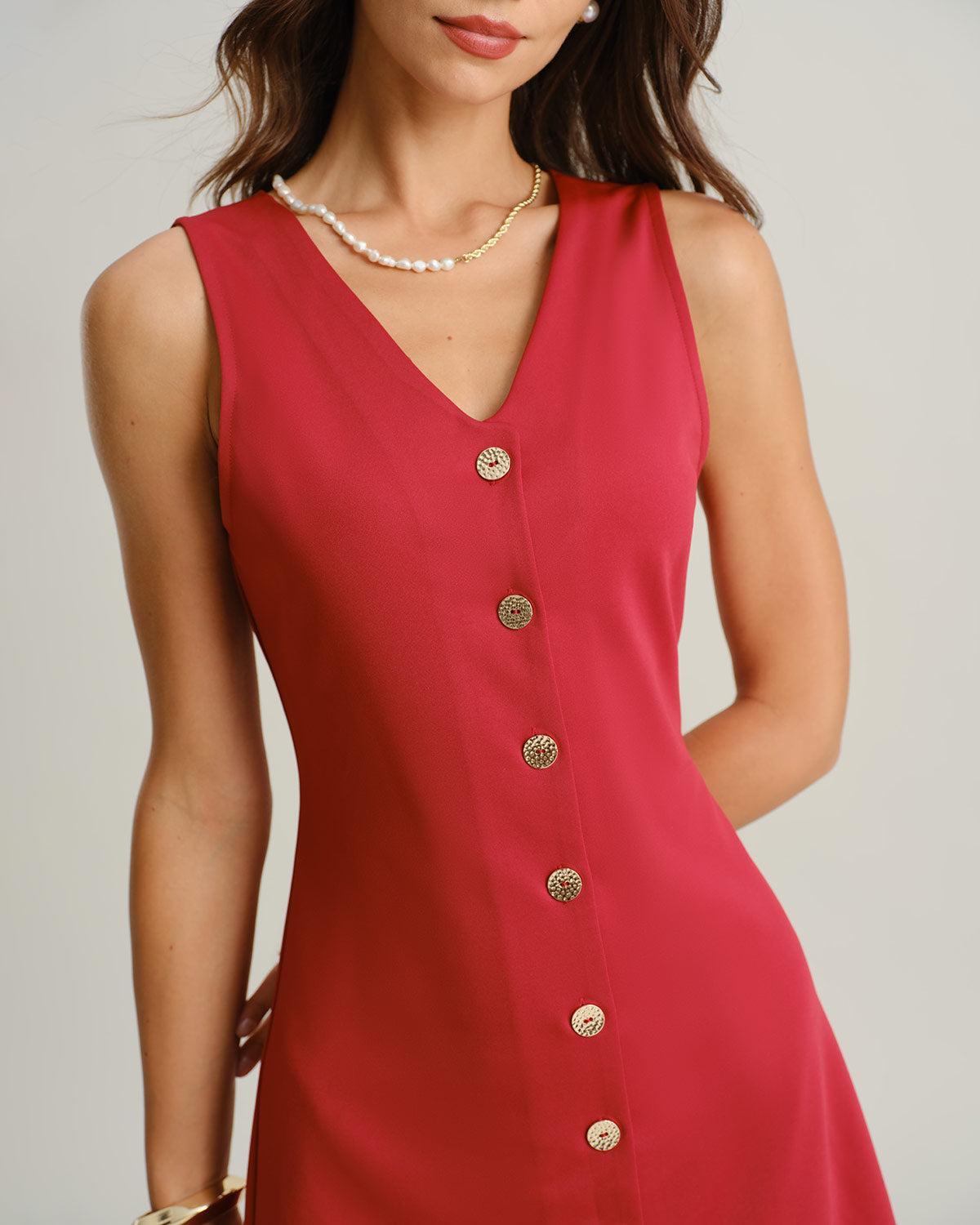 Red V Neck Sleeveless Mini Dress Product Image