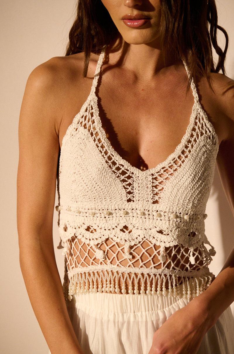 PEACE AND LOVE HALTER NECK BEADED CROCHET TOP Product Image