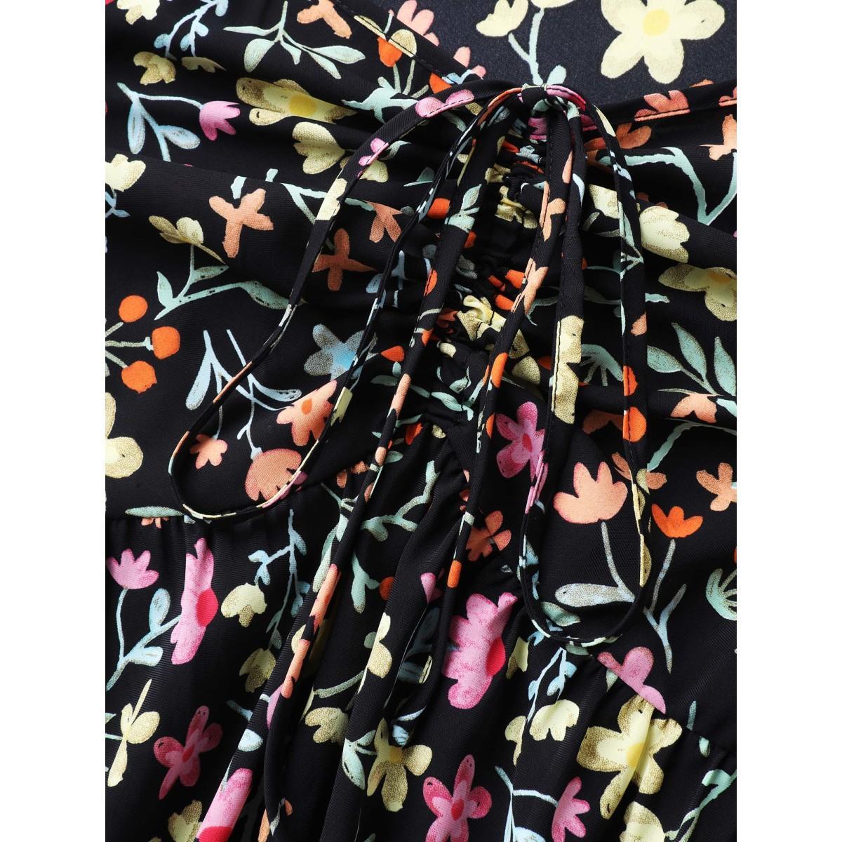 Plus Size Floral Ruched Bodice Sweetheart Tank Top Women Black Gathered Square Neck Everyday-Elegant Tank Tops Camis BloomChic 14-16/1X Product Image