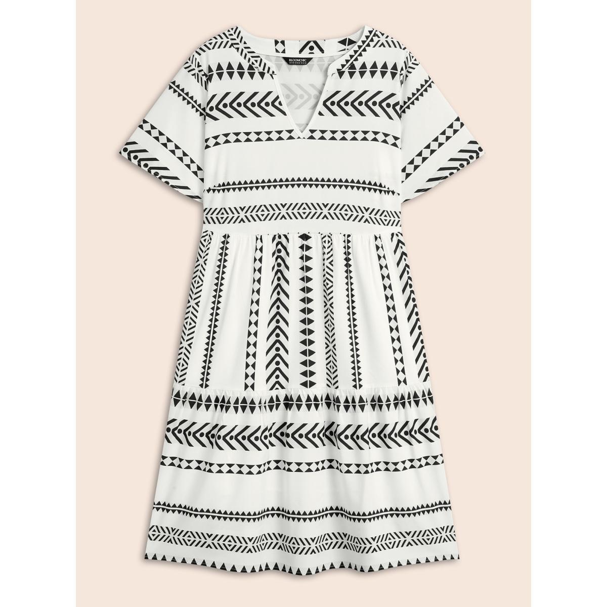 Plus Size Bandana Geometric Ruffle Sleeve Babydoll Dress White Women Vacation Notched collar Short sleeve Curvy Knee Dress BloomChic 10/M Product Image