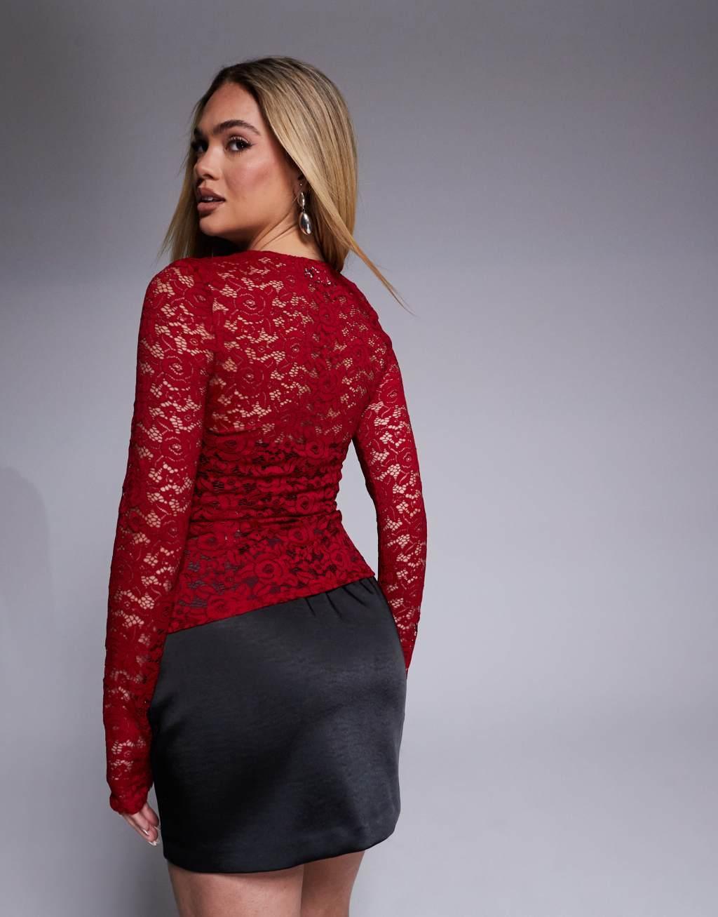 ASOS DESIGN long sleeve lace top in burgundy Product Image