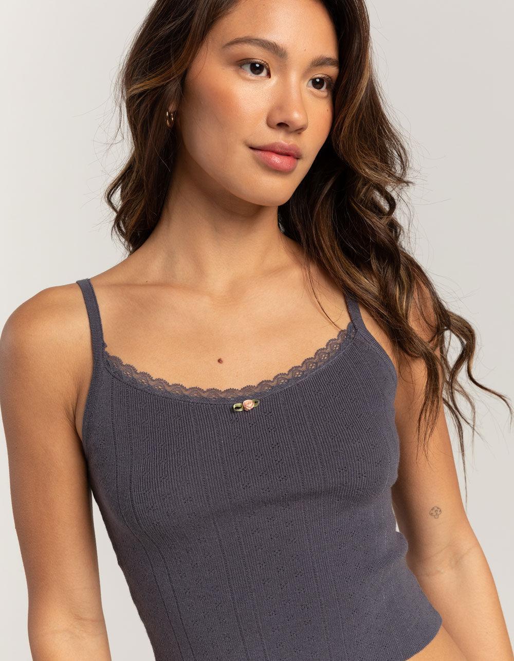 RSQ Womens Pointelle Lace Trim Cami - SLATE Product Image