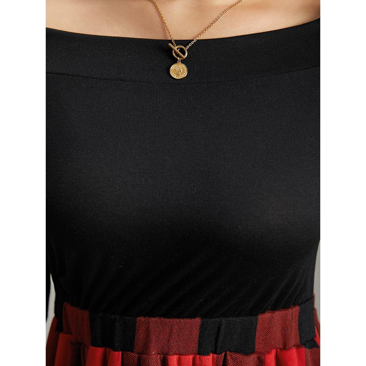 Plus Size Plaid Pocket Boat Neck Patchwork Dress Black Women Elegant Printed Boat Neck Elbow-length sleeve Curvy Midi Dress BloomChic 12/L Product Image