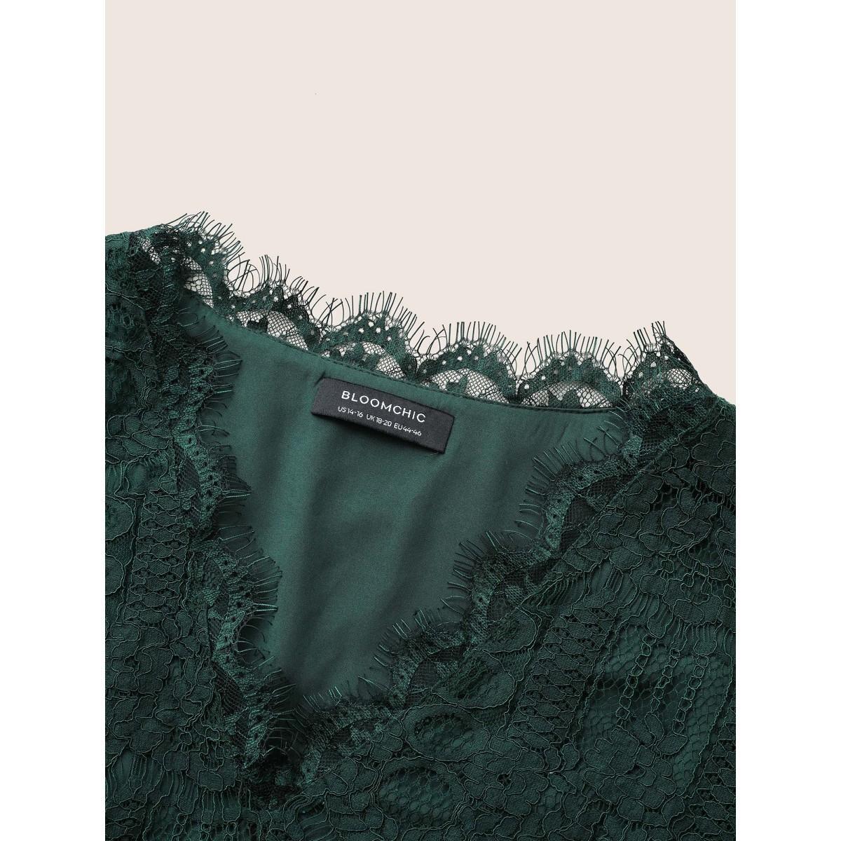 Plus Size DarkGreen Solid Lace Patchwork Elastic Waist Blouse Women Elegant Long Sleeve V-neck Party Blouses BloomChic 14-16/1X Product Image