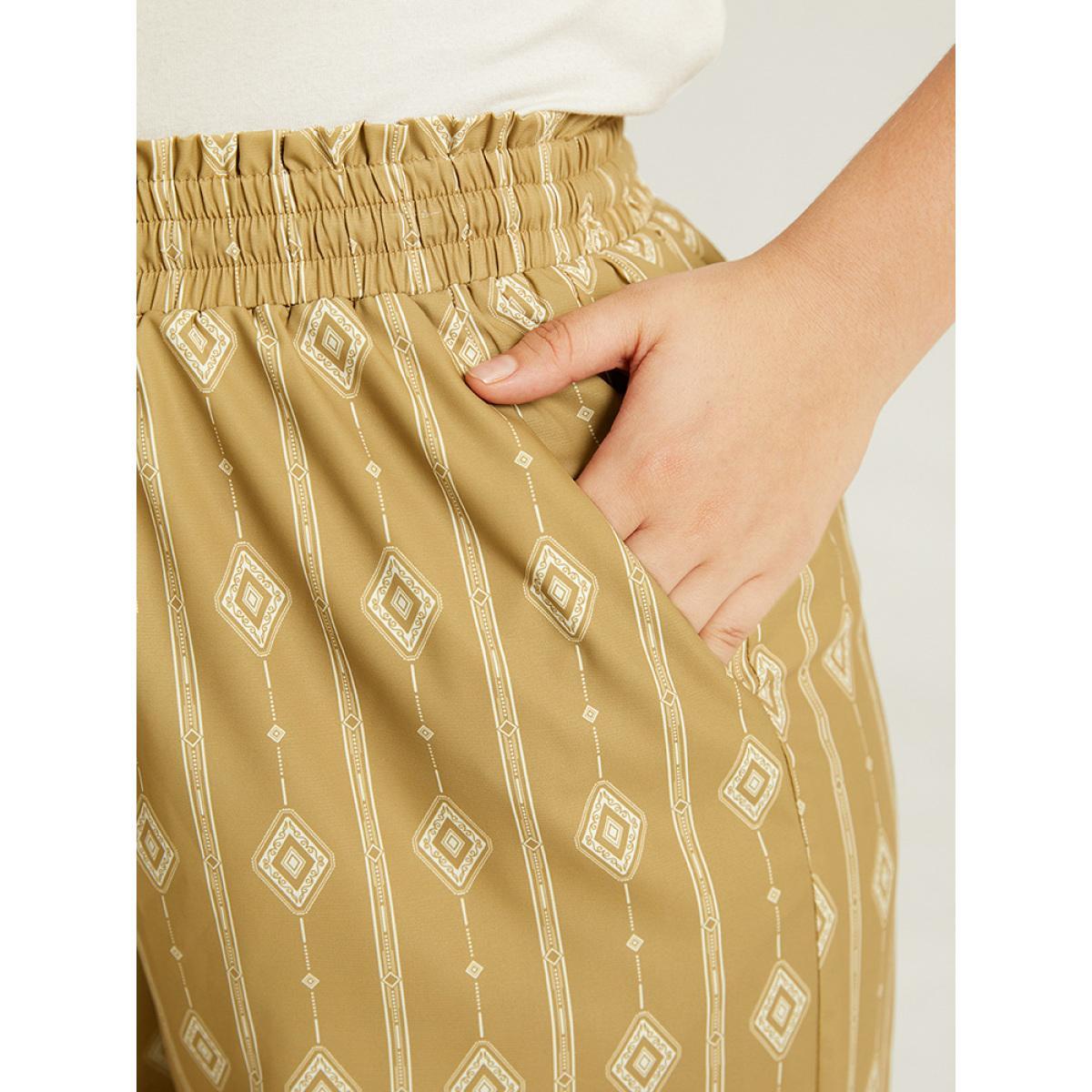 Plus Size Boho Print Drawstring Elastic Waist Pants Women Yellow Vacation Straight Leg High Rise Dailywear Pants BloomChic 14-16/1X Product Image