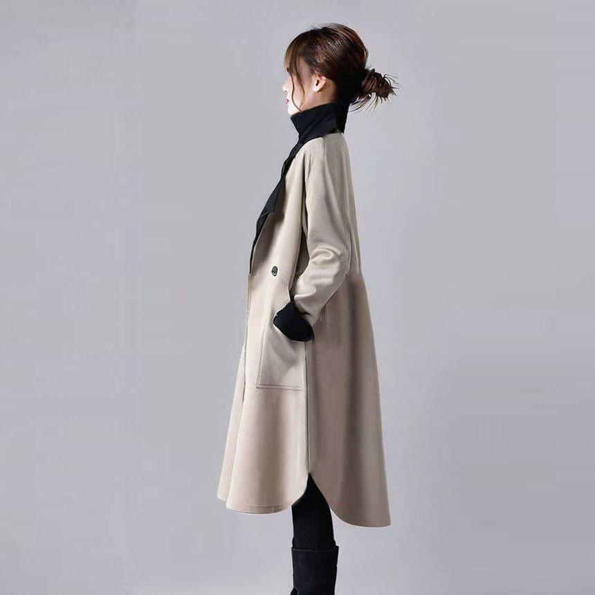 Lapel Collar Two Tone Double-Breasted Long Trench Coat Product Image
