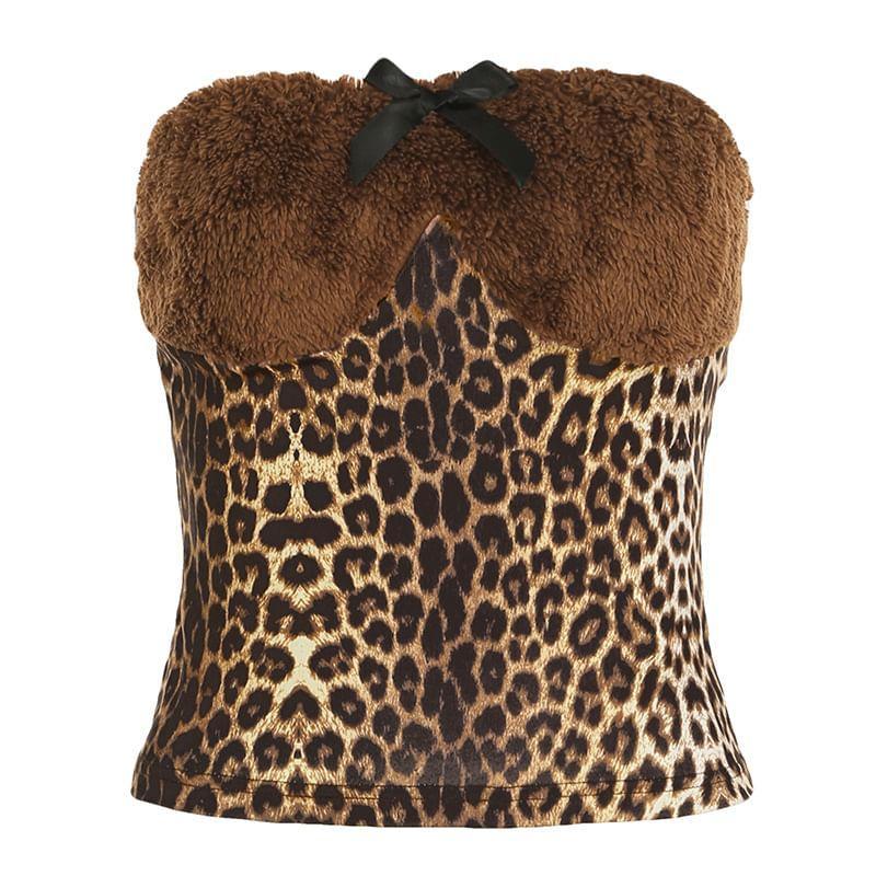 Faux Fur Panel Bow Accent Leopard Print Tube Top / Low Waist Paneled Slim-Fit Boot-Cut Pants Product Image