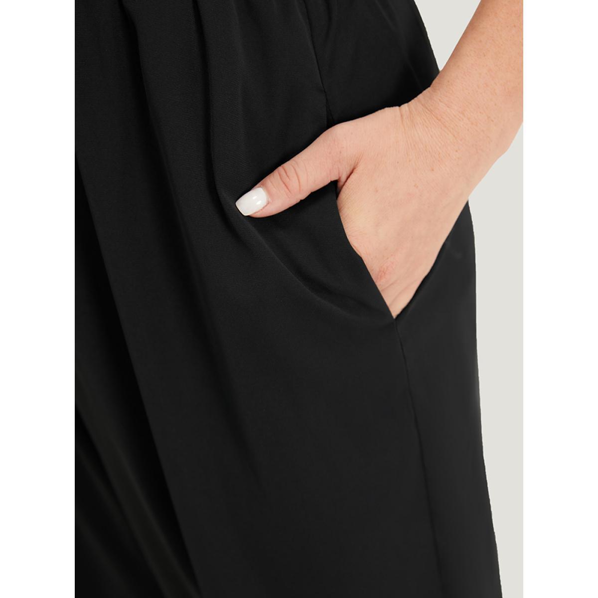 Plus Size Black Solid Lace Mesh Pocket Sleeveless Jumpsuit Women Elegant Sleeveless Round Neck Dailywear Loose Jumpsuits BloomChic 12/L Product Image
