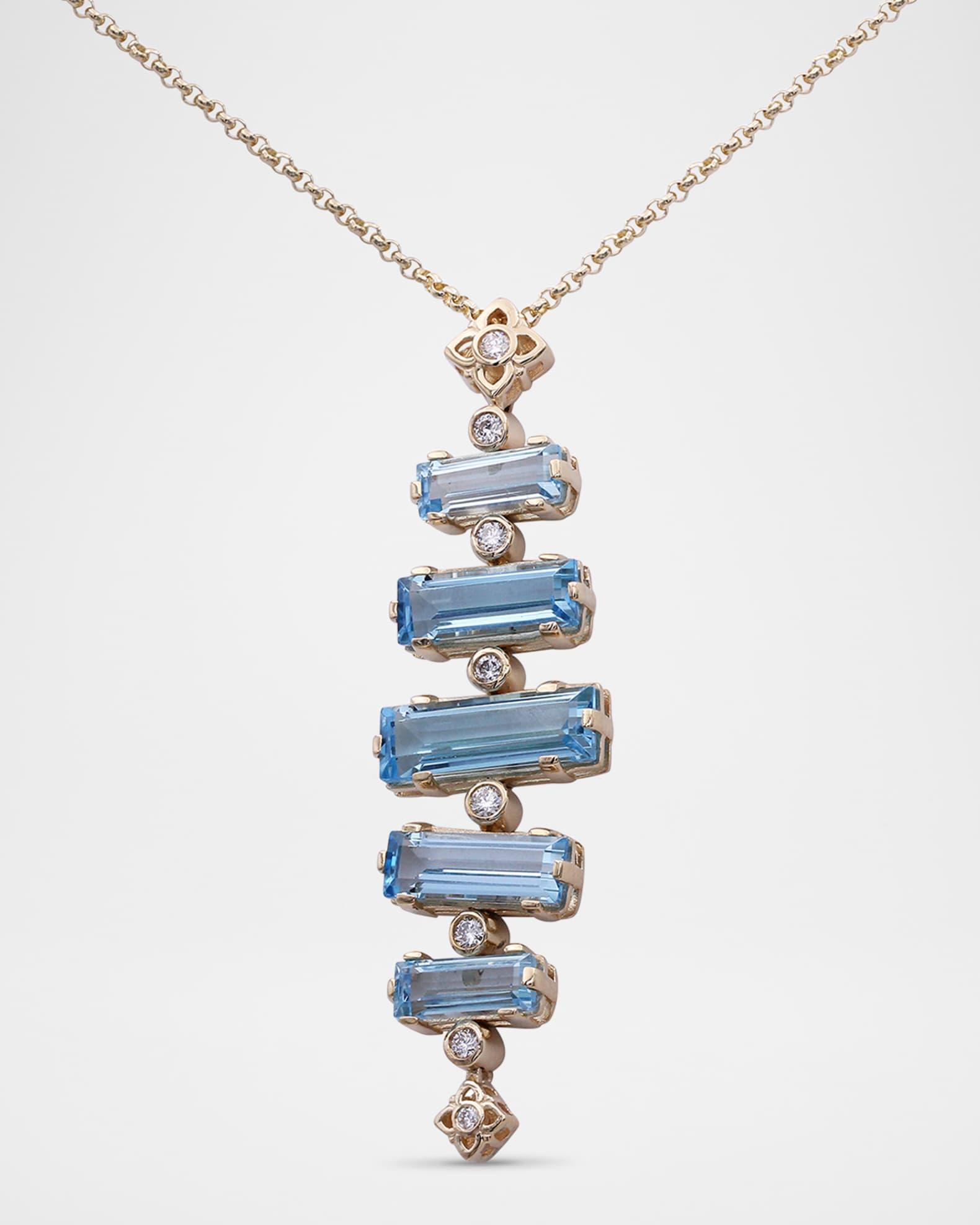 18K Yellow Gold Round Diamond and Baguette Swiss Blue Topaz Pendant Product Image