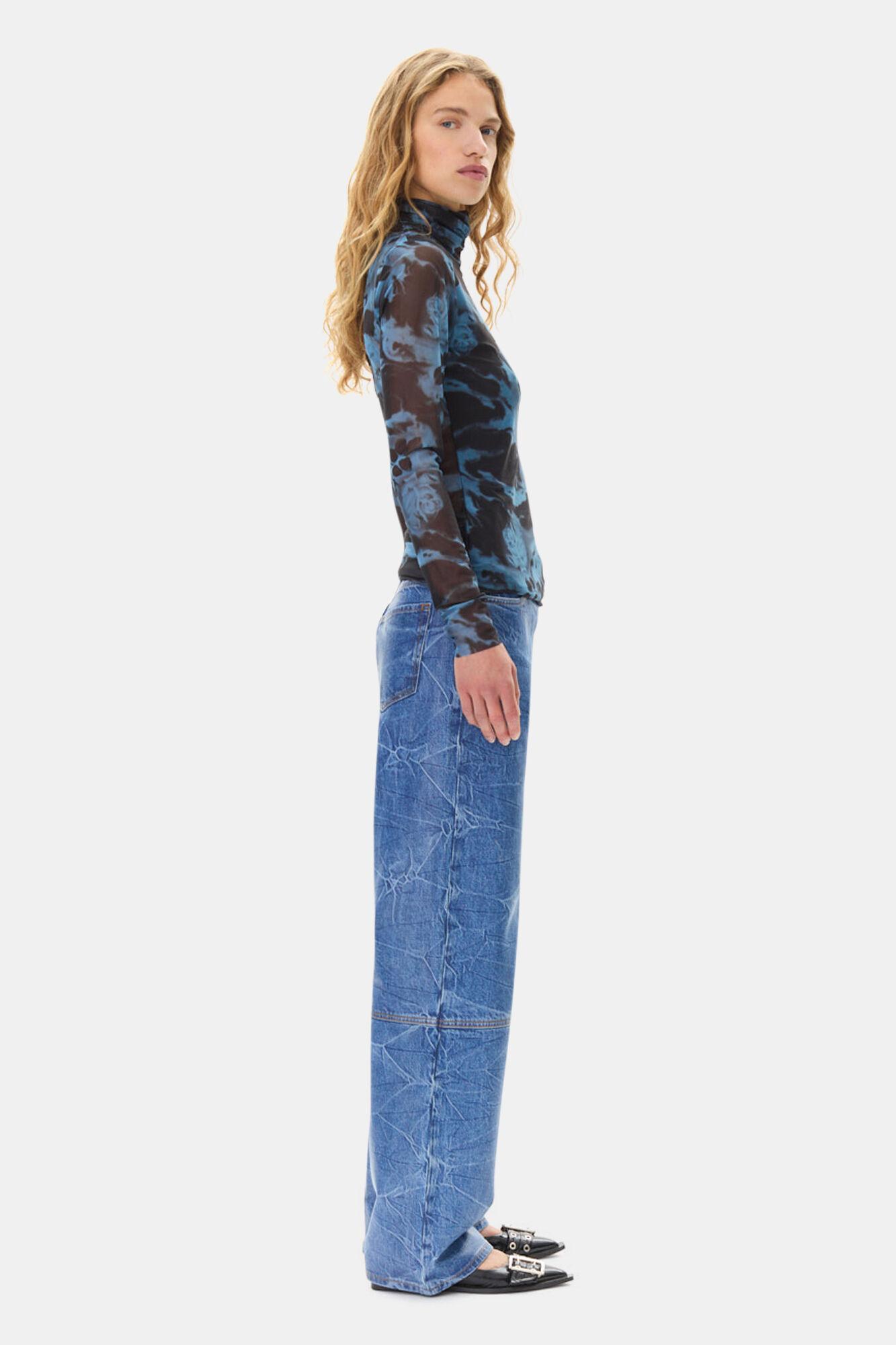 Blue Printed Mesh Long Sleeve Rollneck Product Image