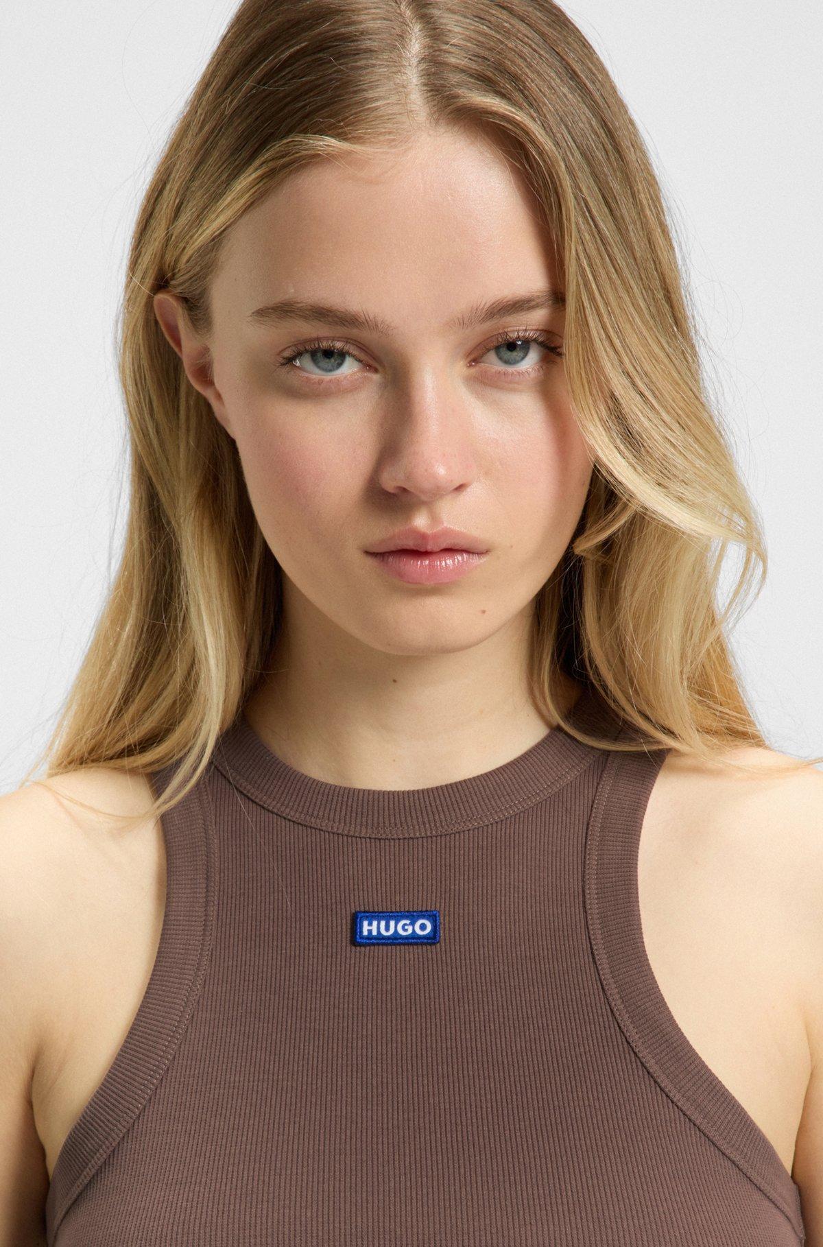 HUGO - Slim-fit stretch-cotton top with blue logo badge - Brown Product Image