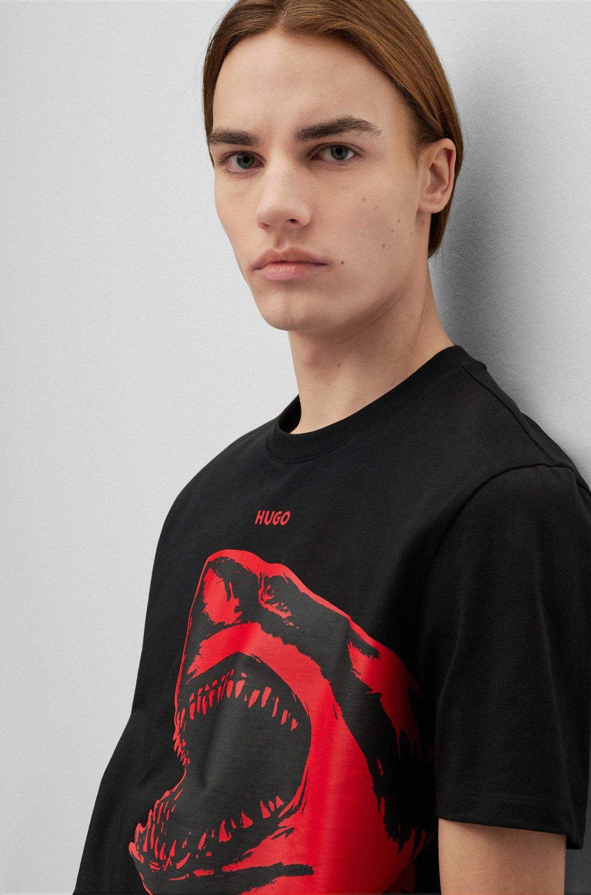 Cotton-jersey T-shirt with red shark print Product Image