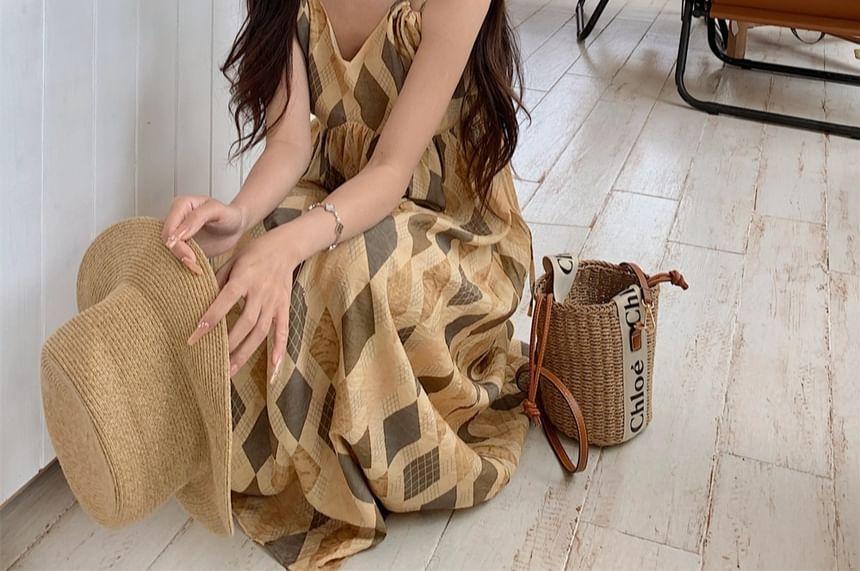 Spaghetti Strap V-Neck Argyle Maxi A-Line Dress Product Image