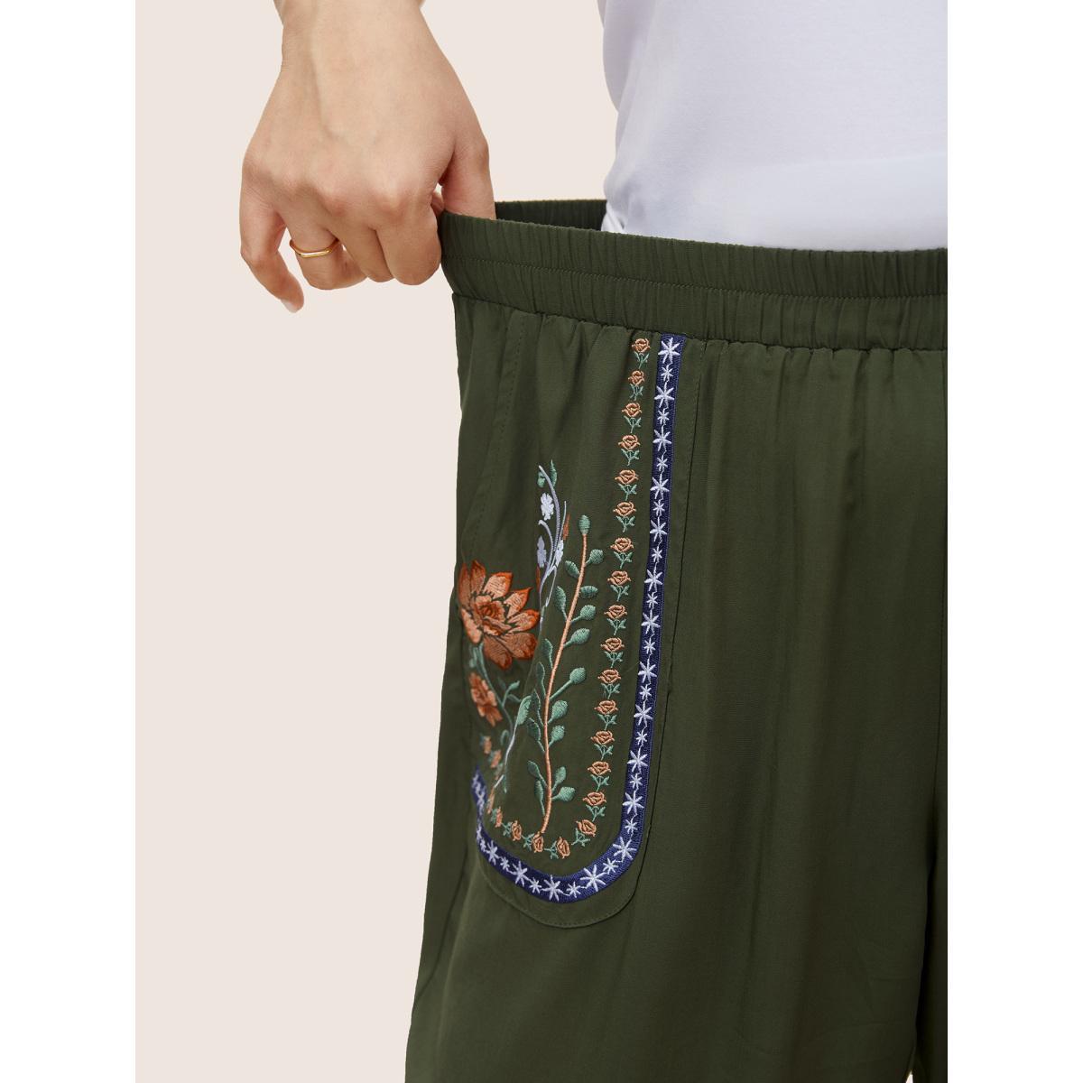 Plus Size Floral Embroidered Elastic Waist Slanted Pocket Pants Women ArmyGreen Resort Loose High Rise Vacation Pants BloomChic 22-24/3X Product Image