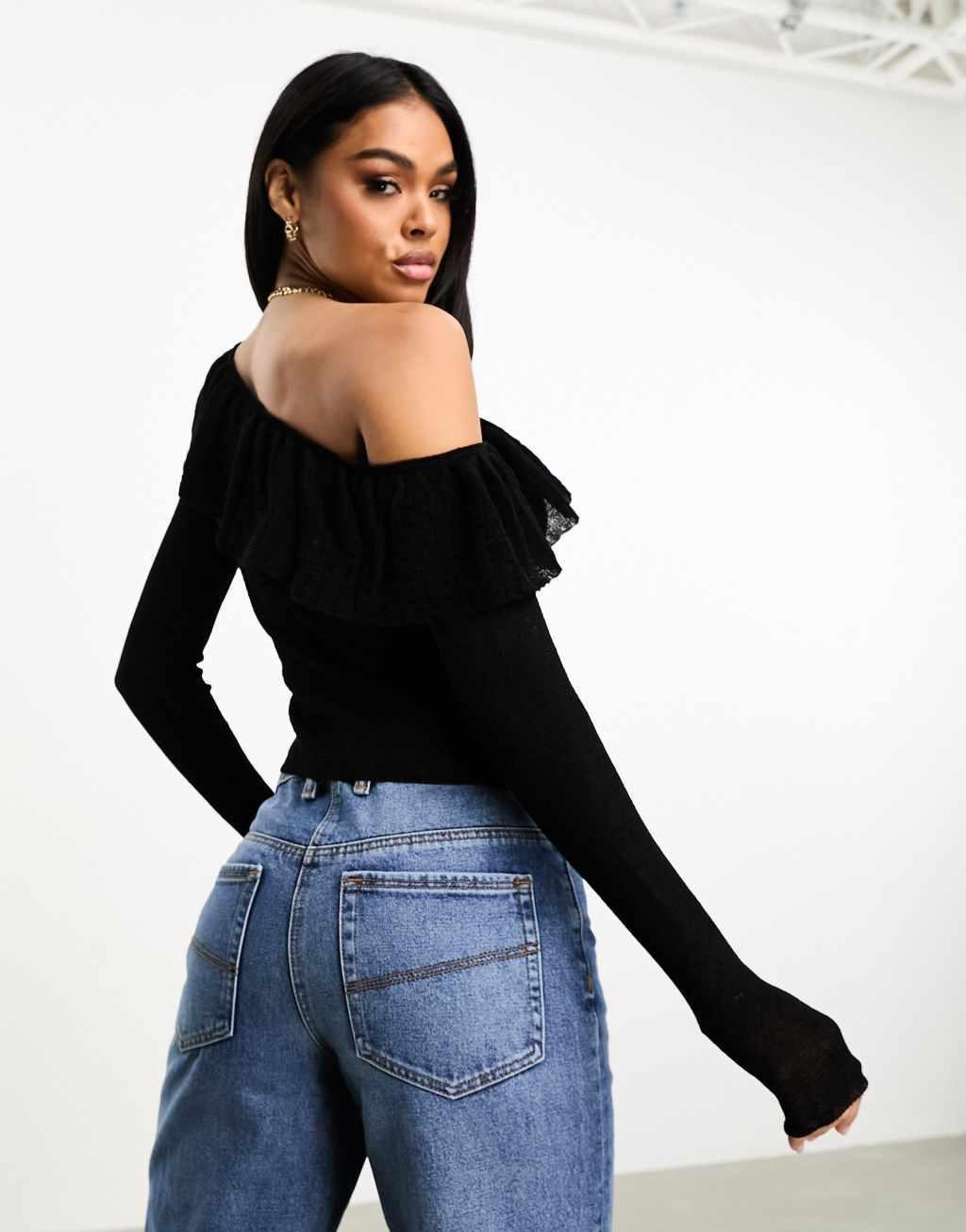 ASOS DESIGN knit sweater with asymmetric frill detail Product Image