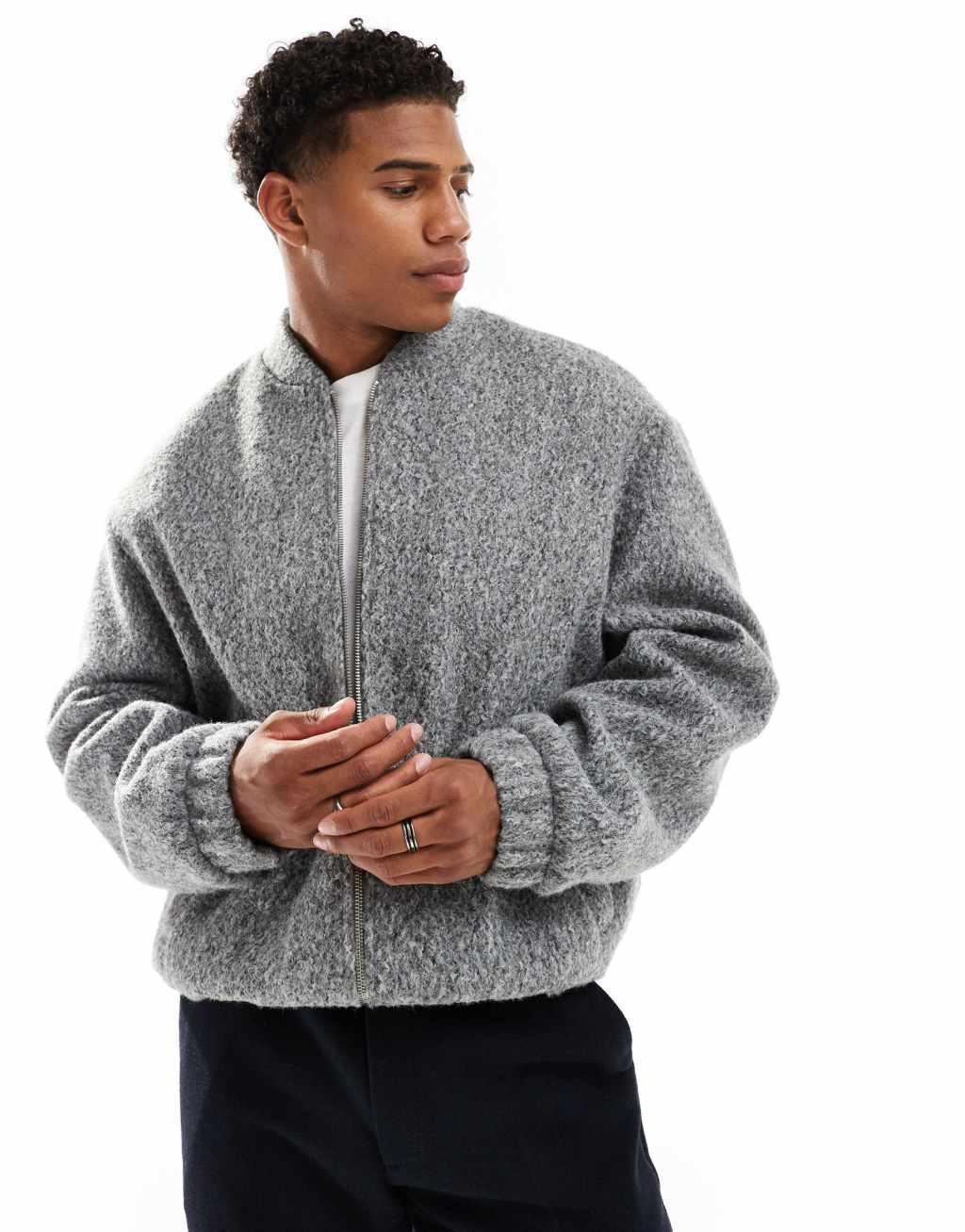 ASOS DESIGN oversized wool look bomber jacket in gray Product Image