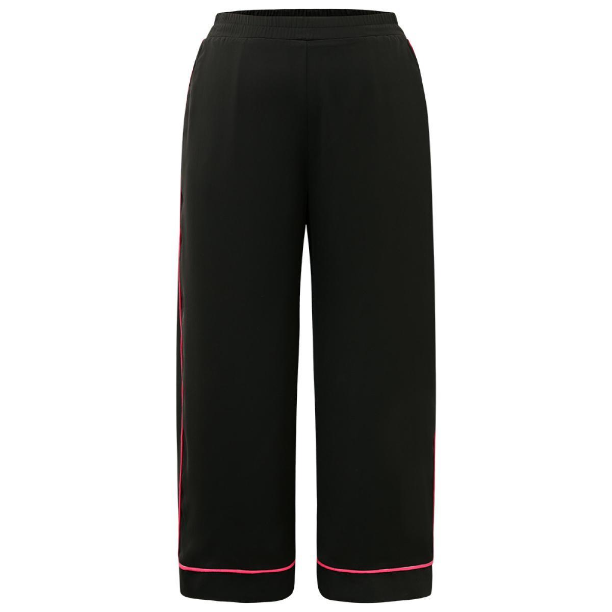 Plus Size Anti-Wrinkle Contrast Elastic Waist Seam Detail Loose Pants Women Black Office Wide Leg High Rise Work Pants BloomChic 26/4X Product Image