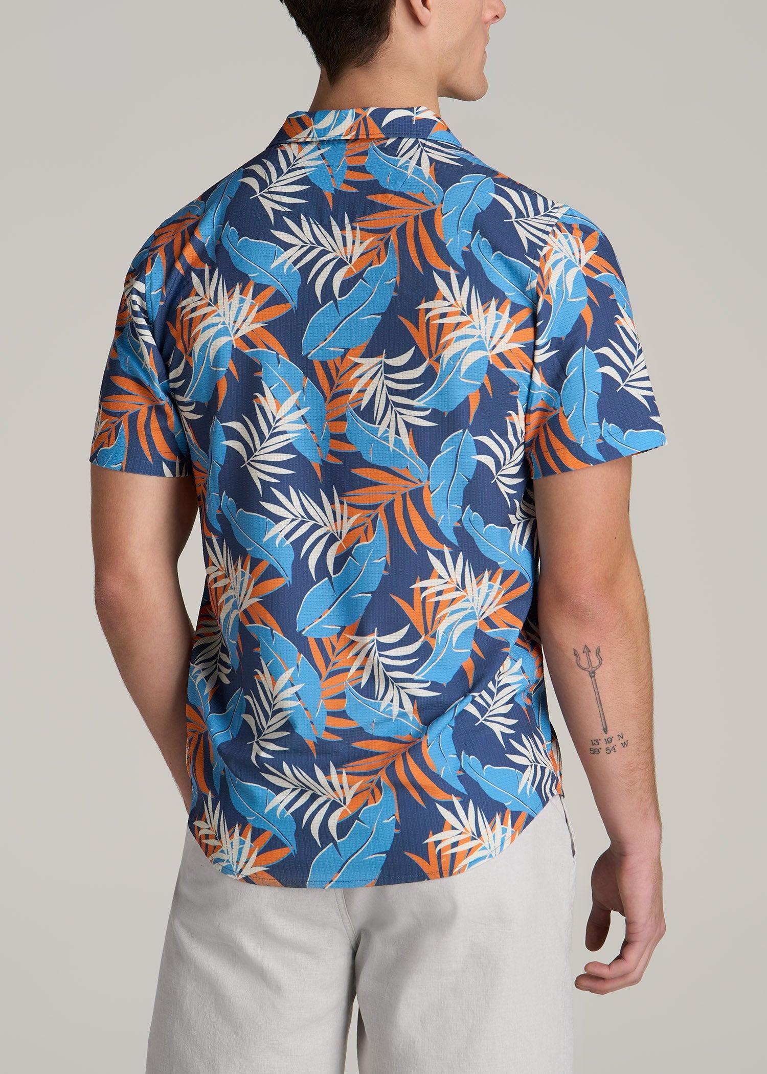 Coastal Perforated Tall Men's Polo Shirt in Blue and Orange Palms Product Image