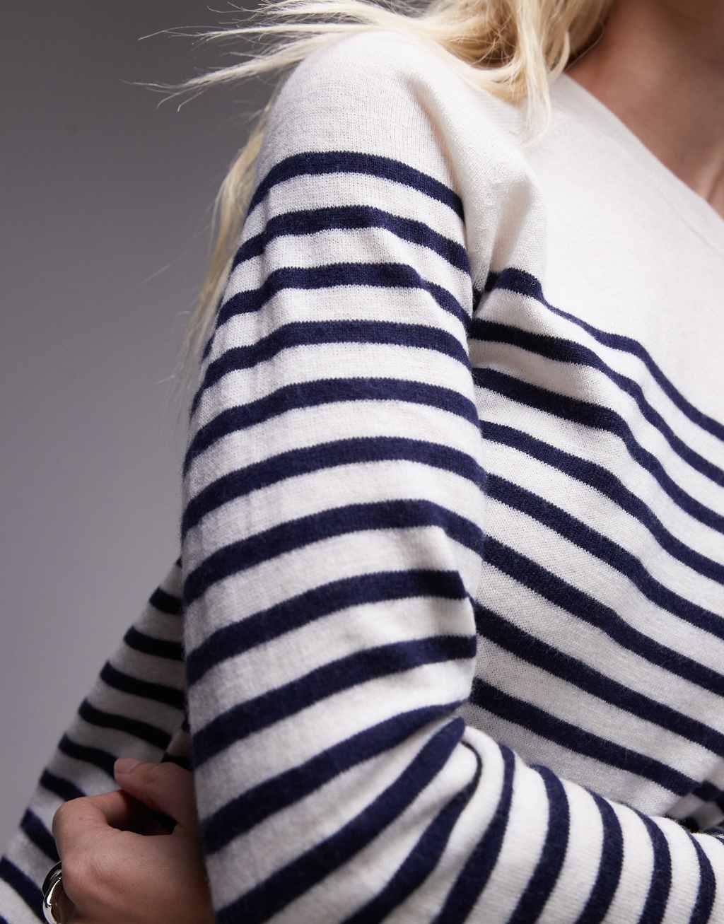 Mango fine knit wool stripe sweater in navy and white Product Image
