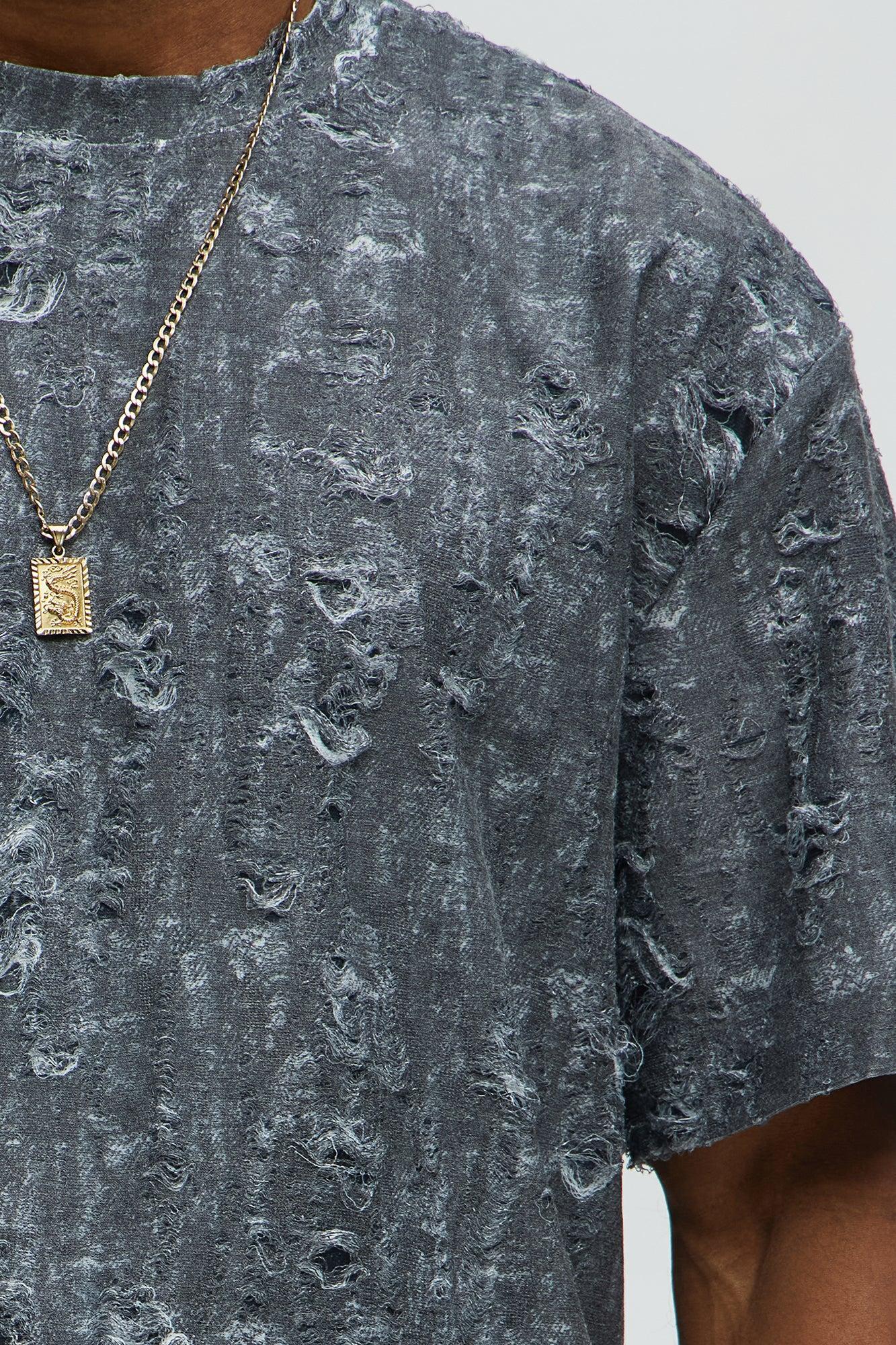 Distressed Relaxed Short Sleeve Tee Shirt - Charcoal Product Image