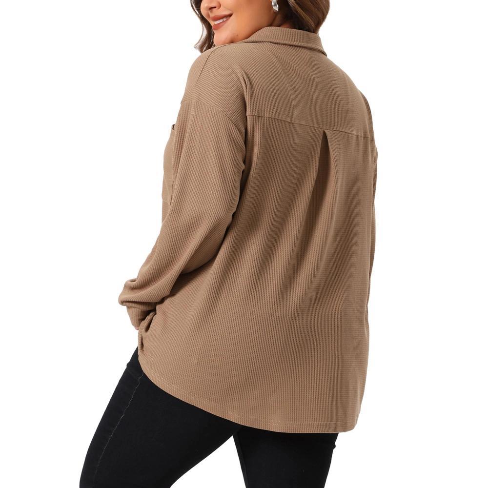 Agnes Orinda Women's Plus Size Waffle Knit Shacket Pocket Loose Long Sleeve Button Down Shirts Product Image