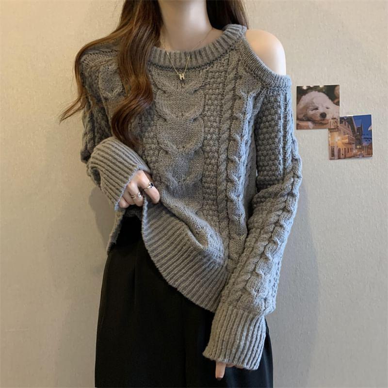 Cold-Shoulder Plain Cable-Knit Sweater Product Image