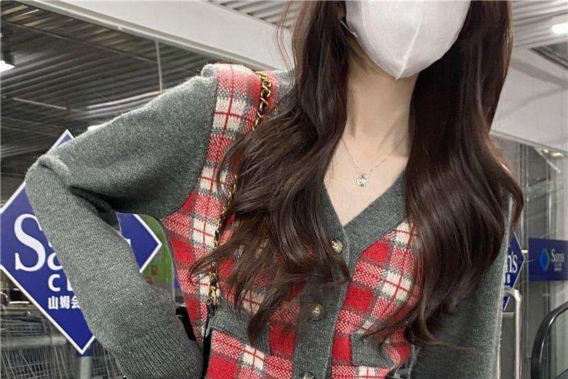 V-Neck Plaid Panel Button-Up Top Product Image