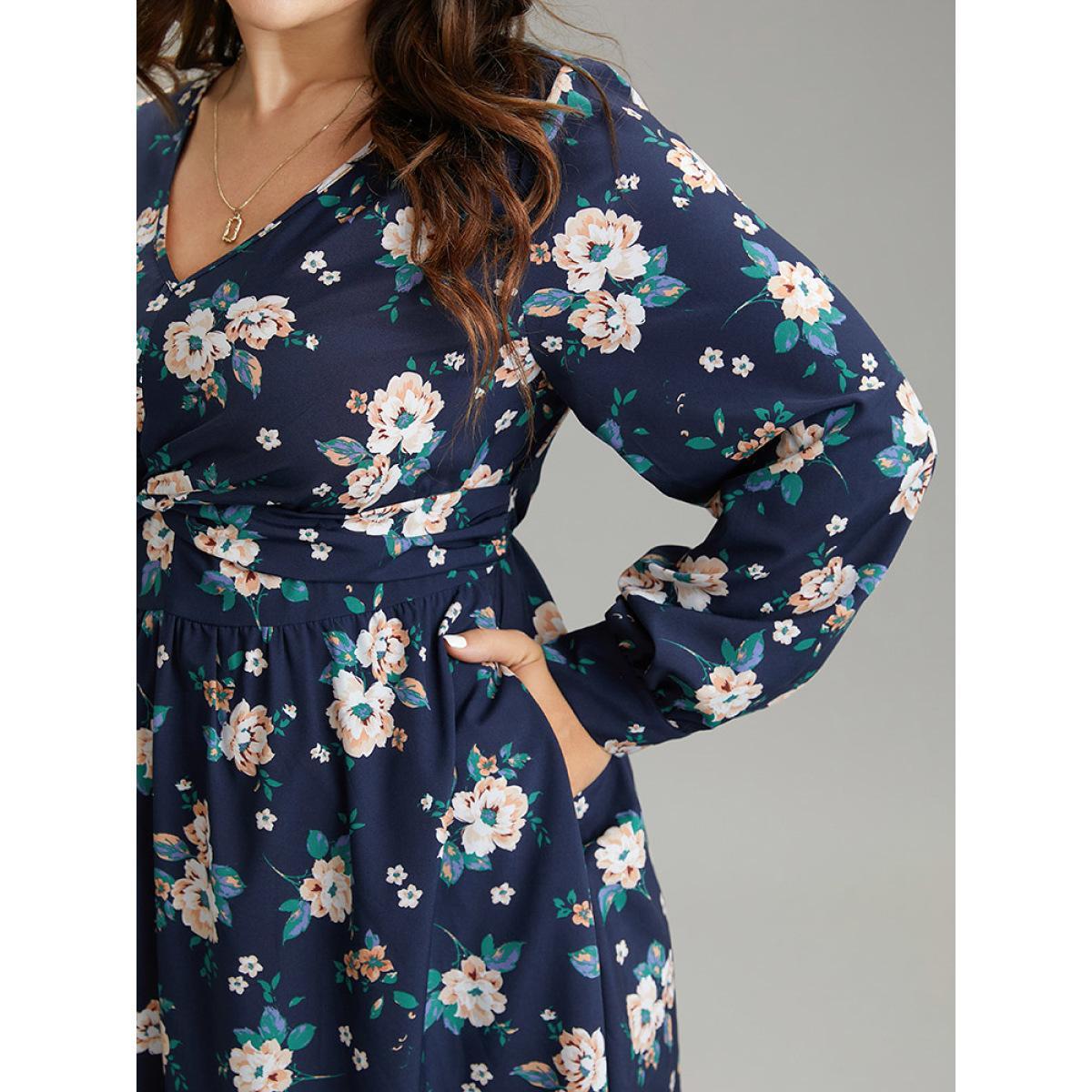 Plus Size Floral Print Twist Front Pocket Midi Dress DarkBlue Women Elegant Printed V-neck Long Sleeve Curvy Midi Dress BloomChic 28/5X Product Image