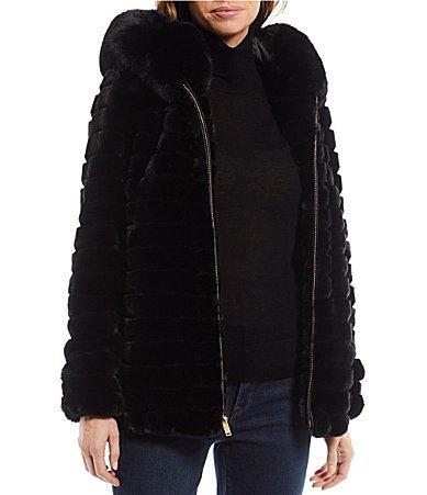 Women's Gallery Hooded Grooved Faux-Fur Jacket, Size: Small, Black Product Image