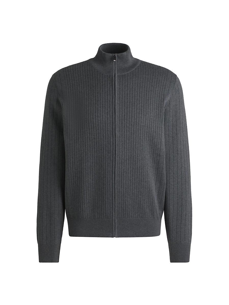 Mens Zip-Up Cotton Cardigan with Knitted Pinstripes Product Image