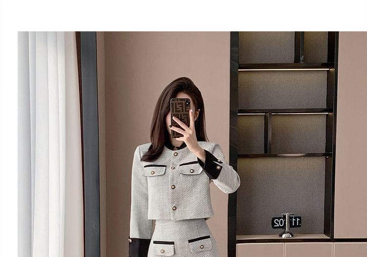 Set: Contrast Trim Crop Button Jacket + High Waist Mini A-Line Skirt Product Image
