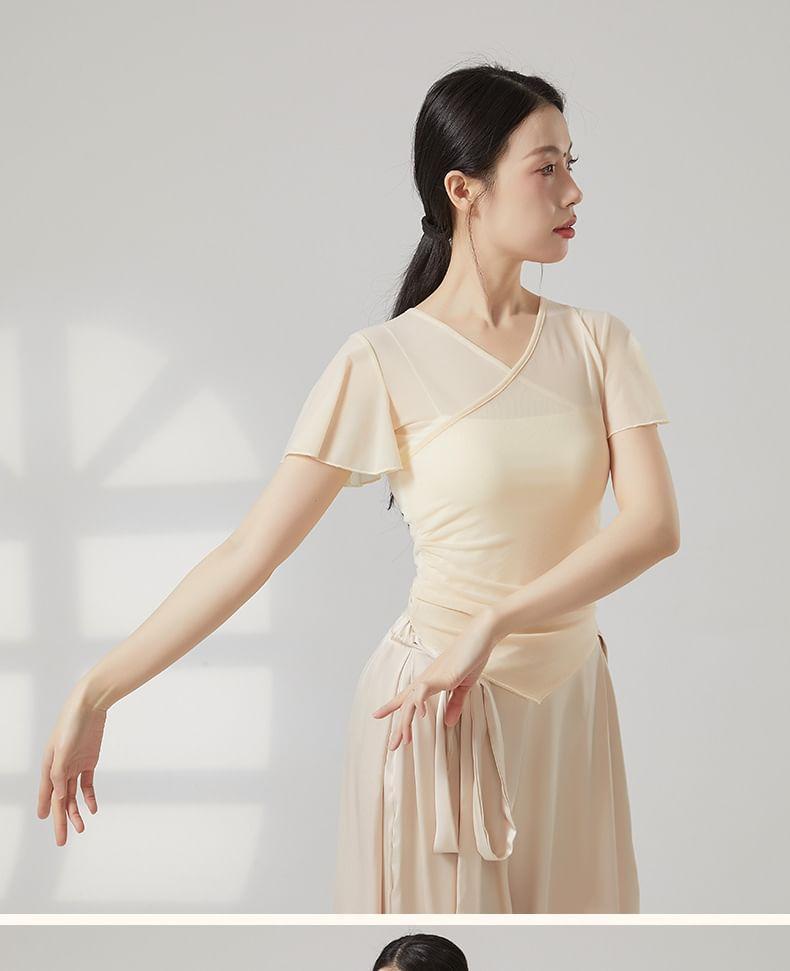 Short-Sleeve V-Neck Plain Asymmetrical Mesh Dance Top Product Image