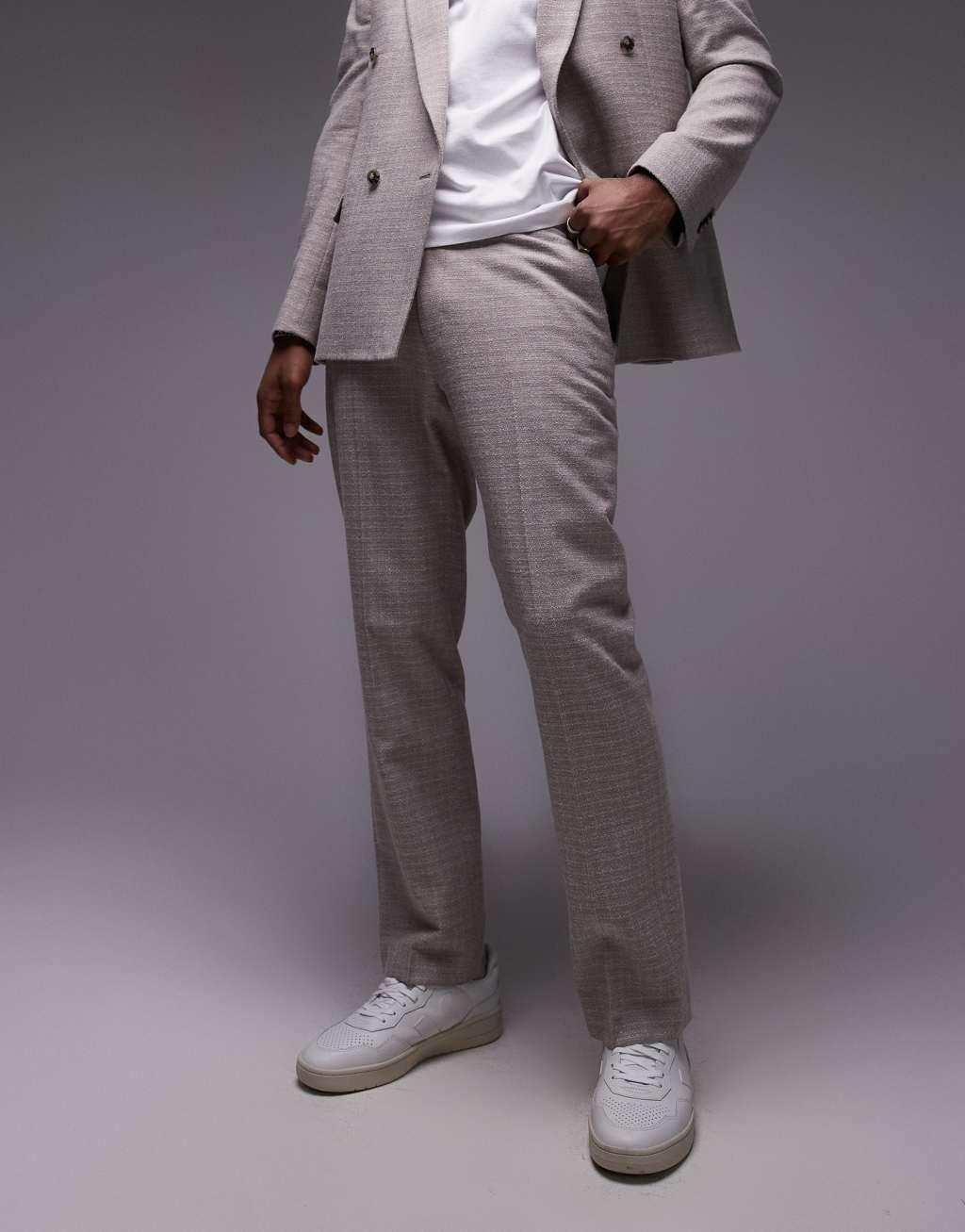 Topman straight fit textured suit pants in stone Product Image