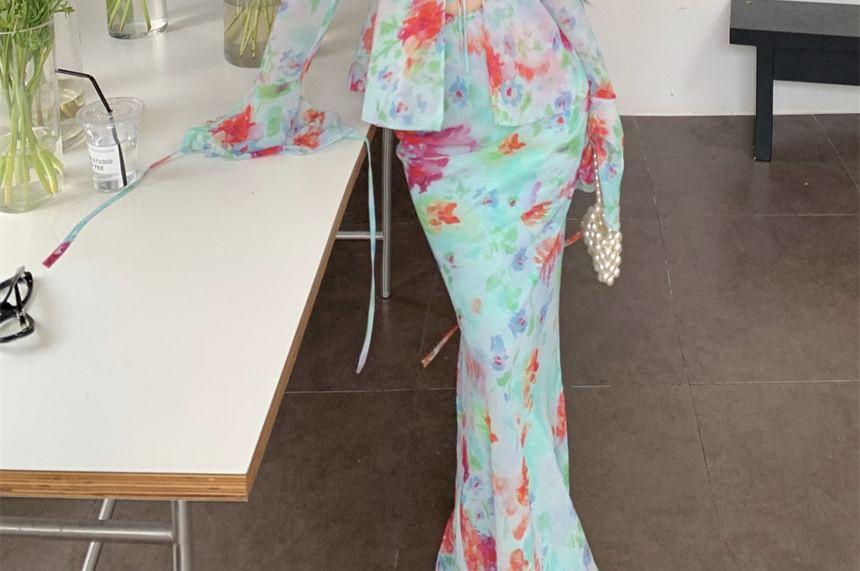 Set: Long-Sleeve Floral Tie Front Blouse + High Waist Maxi Pencil Skirt Product Image