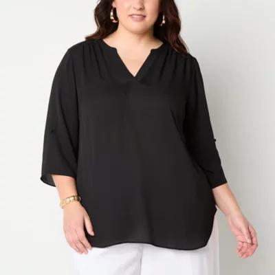 Worthington Plus Womens V Neck 3/4 Sleeve Blouse Product Image