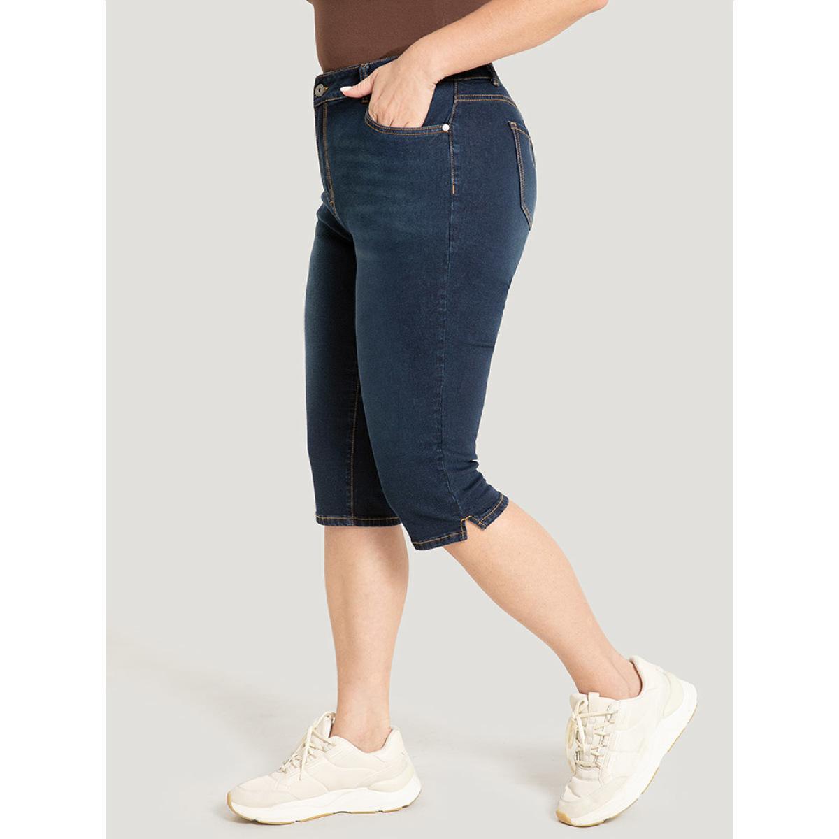 Plus Size Skinny Very Stretchy Dark Wash Split Knee Denim Shorts Women DarkBlue High stretch Dailywear Side seam pocket Casual Denim Shorts BloomChic 14/1X Product Image